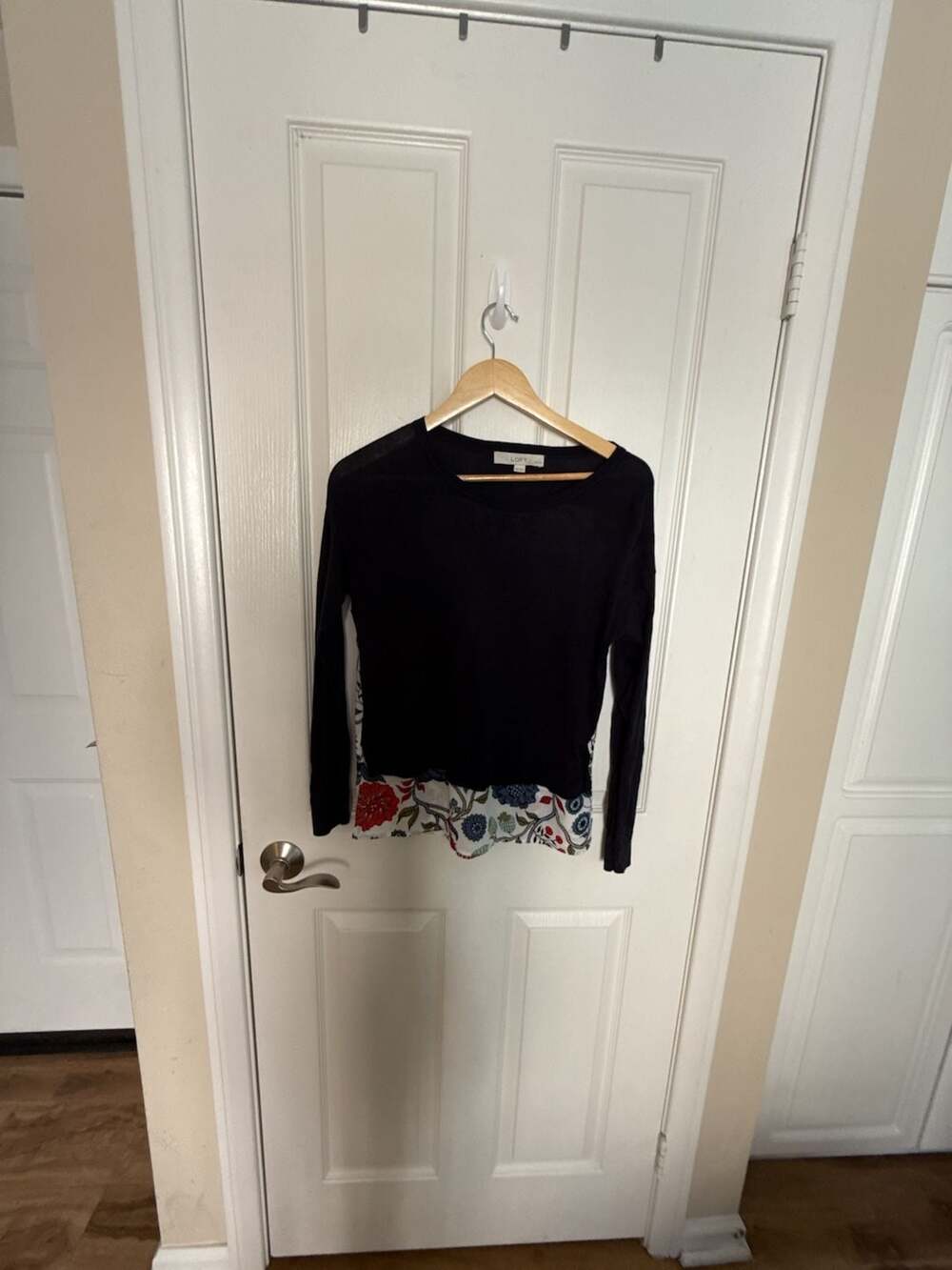 LOFT Petites Size XSP Black Floral Mixed Media Long Sleeve Sweater